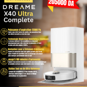 DREAME X40 Ultra Complete Robot Aspirateur avec Serpillière amovible et relevable, Brosse latérale surélevée,12 000 Pa,Serpillière et la Plaque de lavage avec de l'eau chaude à 70 C,Brosses relevables