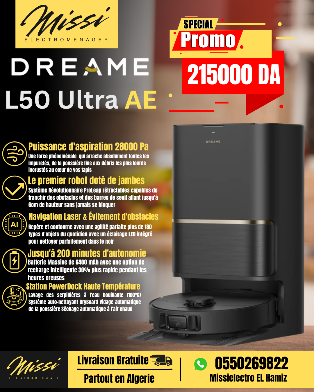dreame L50 Ultra AE Robot aspirateur Laveur, 28 000 Pa, 100 Jours de vidage Automatique, Nettoyage des serpillières à Haute température, Nettoyage des Bords et des Coins, Brosse Anti-enchevêtrement