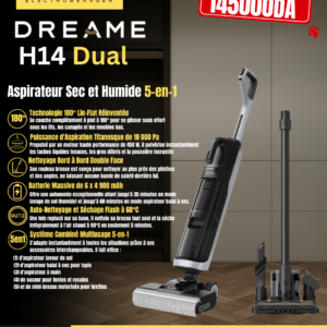 dreame H14 Dual Aspirateur Laveur 5-en-1, à Rapport Intelligent, Modèle à Plat, Lavage à de Brosse à 60 °C, Séchage à 60 °C en 5 Min, GlideWheel, 18 kPa, Racleur Démêlant, Tête de Brosse à LED